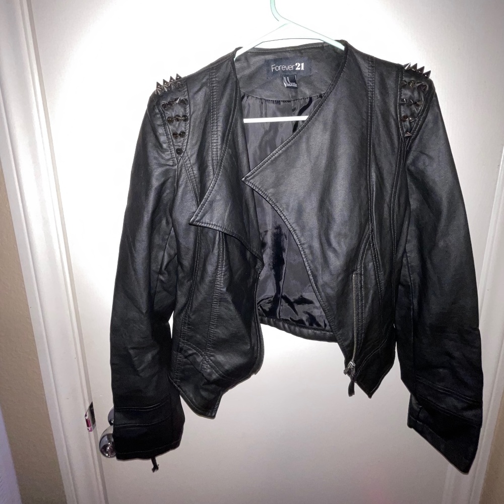 studded shoulder faux leather moto jacket